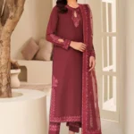 Tabeer By Zarif 3-Piece Unstitched Embroidered Silk Dress | 01 Malika maroon raw silk suit with sequins embroidery and organza dupatta, full suit