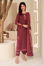 Tabeer By Zarif 3-Piece Unstitched Embroidered Silk Dress | 01 Malika maroon raw silk suit with sequins embroidery and organza dupatta, full suit