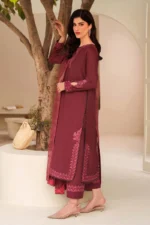 Tabeer By Zarif 3-Piece Unstitched Embroidered Silk Dress | 01 Malika maroon raw silk suit with sequins embroidery and organza dupatta, side look