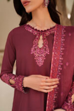 Tabeer By Zarif 3-Piece Unstitched Embroidered Silk Dress | 01 Malika maroon raw silk suit with sequins embroidery and organza dupatta, neck design