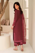 Tabeer By Zarif 3-Piece Unstitched Embroidered Silk Dress | 01 Malika maroon raw silk suit with sequins embroidery and organza dupatta, back