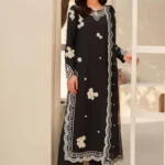 Tabeer By Zarif 3-Piece Unstitched Embroidered Silk Dress | 03 Zareen black raw silk suit with 3D floral bead embroidery and chiffon dupatta