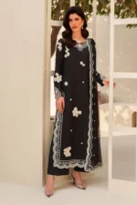Tabeer By Zarif 3-Piece Unstitched Embroidered Silk Dress | 03 Zareen black raw silk suit with 3D floral bead embroidery and chiffon dupatta