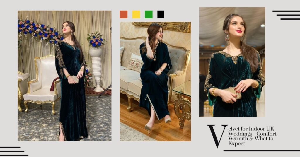 Velvet wedding outfit worn at an indoor UK wedding venue during winter