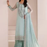 ALIZEH | AYMAL Bamber Chiffon | Azure-01, unstitched Pakistani suit with organza embroidery and mukesh work displayed front