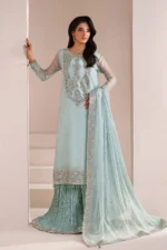 ALIZEH | AYMAL Bamber Chiffon | Azure-01, unstitched Pakistani suit with organza embroidery and mukesh work displayed front