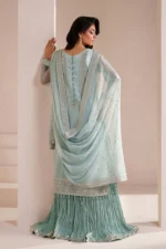 ALIZEH | AYMAL Bamber Chiffon | Azure-01, unstitched Pakistani suit with organza embroidery and mukesh work displayed on back