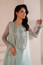 ALIZEH | AYMAL Bamber Chiffon | Azure-01 unstitched Pakistani suit with organza embroidery and mukesh work displayed front and back. front neck design