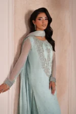 ALIZEH | AYMAL Bamber Chiffon | Azure-01, unstitched Pakistani suit with organza embroidery and mukesh work displayed front and back. side look
