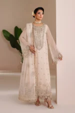 ALIZEH | AYMAL | Luxury Bamber Chiffon | MIKA-03, unstitched Pakistani suit with hand-embroidered organza neck, borders, and back patch detail.