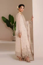 ALIZEH | AYMAL | Luxury Bamber Chiffon | MIKA-03, unstitched Pakistani suit with hand-embroidered organza neck, borders, and back patch detail. side look