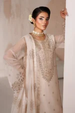 ALIZEH | AYMAL | Luxury Bamber Chiffon | MIKA-03, unstitched Pakistani suit with hand-embroidered organza neck, borders, and back patch detail. front neck closeup