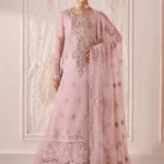 The stunning ALIZEH | AYMAL | Luxury Bamber Chiffon | June-04 unstitched suit. Featuring intricate organza chalk patti design on the front and back, plus delicate sleeve and border embroidery.