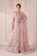 The stunning ALIZEH | AYMAL | Luxury Bamber Chiffon | June-04 unstitched suit. Featuring intricate organza chalk patti design on the front and back, plus delicate sleeve and border embroidery.