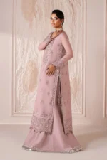 The stunning ALIZEH | AYMAL | Luxury Bamber Chiffon | June-04 unstitched suit. Featuring intricate organza chalk patti design on the front and back, plus delicate sleeve and border embroidery. side look