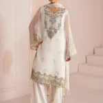 The graceful ALIZEH | AYMAL | Luxury Bamber Chiffon | Zeba-05 unstitched ensemble. Notice the detailed organza chalk borders along the front, back, sleeves, and the elegant trouser hem.