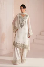 The graceful ALIZEH | AYMAL | Luxury Bamber Chiffon | Zeba-05 unstitched ensemble. Notice the detailed organza chalk borders along the front, back, sleeves, and the elegant trouser hem.