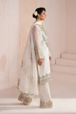 The graceful ALIZEH | AYMAL | Luxury Bamber Chiffon | Zeba-05 unstitched ensemble. Notice the detailed organza chalk borders along the front, back, sleeves, and the elegant trouser hem. side look