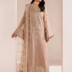 ALIZEH | AYMAL | Luxury Bamber Chiffon | Cove-02, unstitched suit with organza chalk patti embroidery, neckline detailing, and raw silk trousers.