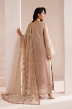 ALIZEH | AYMAL | Luxury Bamber Chiffon | Cove-02, unstitched suit with organza chalk patti embroidery, neckline detailing, and raw silk trousers. back