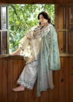 Elaf Premium Chikankari Lawn ERC-1A SAHIL embroidered lawn suit with chiffon dupatta, shirt and trouser closeup