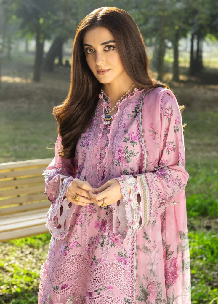 What Is Chikankari Lawn and Why Is It Popular in the UK 8 Elaf Premium Chikankari Lawn ERC-3A Man Mayal embroidered lawn suit with chiffon dupatta, shirt closeup