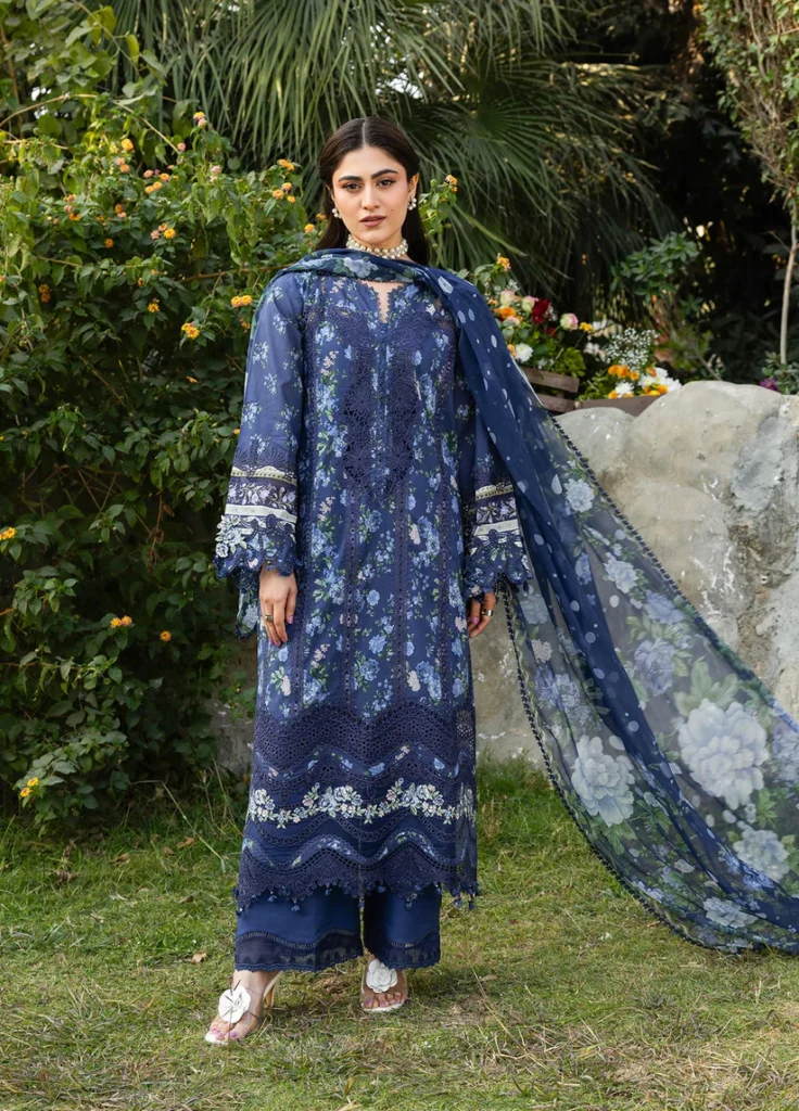 What Is Chikankari Lawn and Why Is It Popular in the UK 6 Elaf Premium Chikankari Lawn ERC-3B NEEL embroidered lawn suit with chiffon dupatta