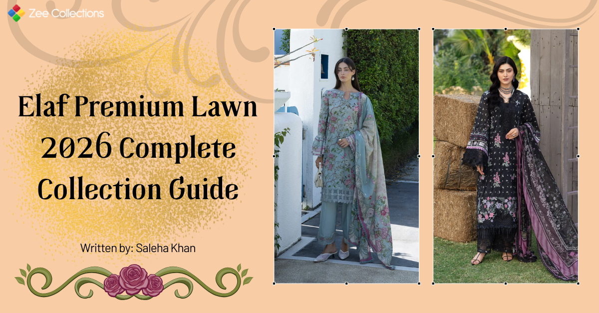 Difference between chikankari and printed lawn in the UK featuring Elaf Premium embroidered lawn and Santorini printed lawn 2026 collection at Zee Collections