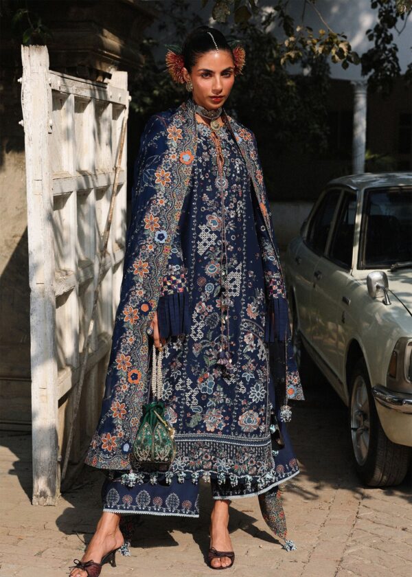 Hussain Rehar Unstitched Lawn Eid Edit-Amalfi navy blue 3 piece embroidered lawn suit organza motifs Kalabagh Luxury Lawn Eid Edit 2026 UK