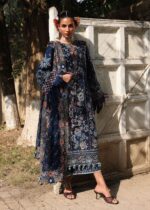 Hussain Rehar Unstitched Lawn Eid Edit-Amalfi navy blue 3 piece embroidered lawn suit organza motifs Kalabagh Luxury Lawn Eid Edit 2026 UK, front look