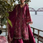 Hussain Rehar Unstitched Lawn Eid Edit-Anjas plum embroidered 3 piece Pakistani lawn suit UK, full front