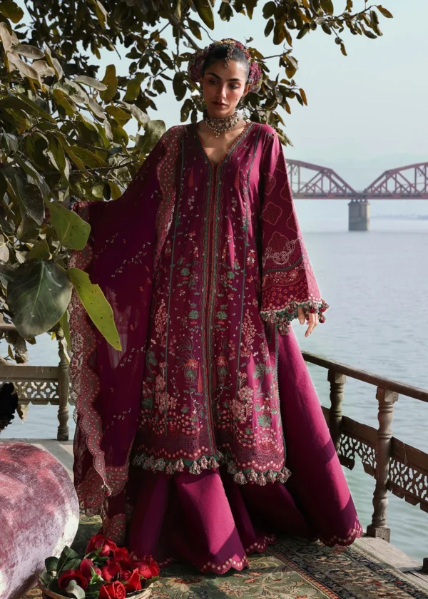 Hussain Rehar Unstitched Lawn Eid Edit-Anjas plum embroidered 3 piece Pakistani lawn suit UK, full front