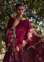 Hussain Rehar Unstitched Lawn Eid Edit-Anjas plum embroidered 3 piece Pakistani lawn suit UK, dupatta closeup