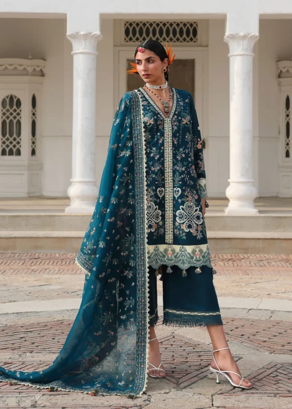Hussain Rehar Unstitched Lawn Eid Edit-Azraq teal 3 piece embroidered lawn suit organza dupatta Kalabagh Luxury Lawn 2026 UK