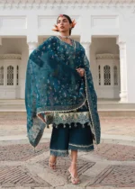 Hussain Rehar Unstitched Lawn Eid Edit-Azraq teal 3 piece embroidered lawn suit organza dupatta Kalabagh Luxury Lawn 2026 UK