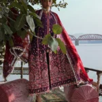 Hussain Rehar Unstitched Lawn Eid Edit-Nihdi purple embroidered 3 piece luxury lawn suit with chiffon dupatta Kalabagh Eid Edit 2026 UK
