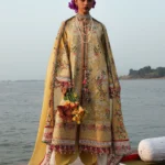 Hussain Rehar Unstitched Lawn Eid Edit-Ochre yellow mustard embroidered 3 piece Pakistani lawn suit UK, full front