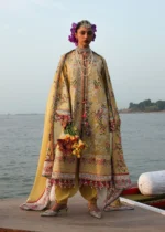 Hussain Rehar Unstitched Lawn Eid Edit-Ochre yellow mustard embroidered 3 piece Pakistani lawn suit UK, full front