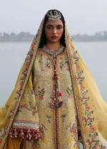 Hussain Rehar Unstitched Lawn Eid Edit-Ochre yellow mustard embroidered 3 piece Pakistani lawn suit UK, front shirt closeup