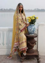 Hussain Rehar Unstitched Lawn Eid Edit-Ochre yellow mustard embroidered 3 piece Pakistani lawn suit UK, side look
