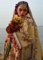 Hussain Rehar Unstitched Lawn Eid Edit-Ochre yellow mustard embroidered 3 piece Pakistani lawn suit UK, front with sleeves closeup