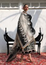 Hussain Rehar Unstitched Lawn Eid Edit-Sable black 3 piece embroidered lawn suit with organza dupatta Kalabagh Luxury Lawn Eid Edit 2026 UK, dupatta closeup