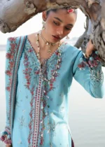 Hussain Rehar Unstitched Lawn Eid Edit-Sepher sky blue embroidered lawn suit chiffon dupatta Kalabagh Luxury Lawn 2026 UK, shirt neck design