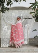 Hussain Rehar Unstitched Lawn Eid Edit-Sorti light pink 3 piece embroidered lawn suit chiffon dupatta Kalabagh Luxury Lawn 2026 UK, back side with dupatta close look