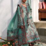 Hussain Rehar Unstitched Lawn Eid Edit-Verdant aqua green 3 piece embroidered luxury lawn suit with chiffon dupatta Kalabagh Eid Edit 2026 UK, front