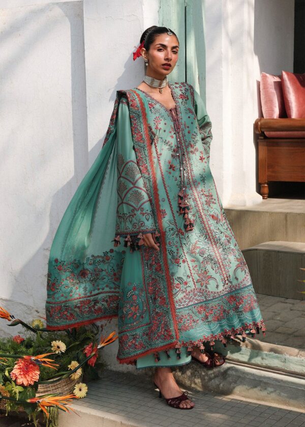 Hussain Rehar Unstitched Lawn Eid Edit-Verdant aqua green 3 piece embroidered luxury lawn suit with chiffon dupatta Kalabagh Eid Edit 2026 UK, front