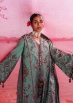 Hussain Rehar Unstitched Lawn Eid Edit-Verdant aqua green 3 piece embroidered luxury lawn suit with chiffon dupatta Kalabagh Eid Edit 2026 UK, front shirt witj sleeve close look