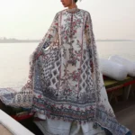 Hussain Rehar Unstitched Lawn Eid Edit-Yuki ivory embroidered 3 piece Pakistani lawn suit UK