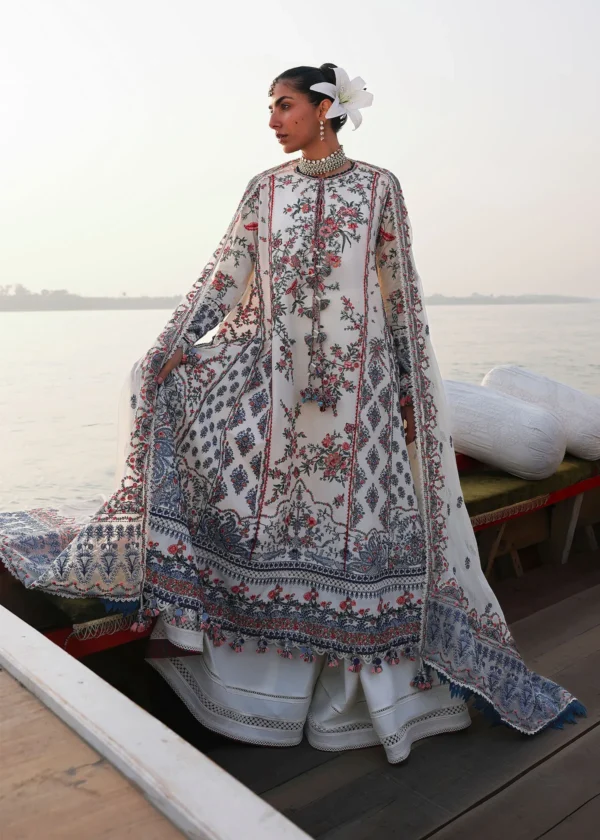 Hussain Rehar Unstitched Lawn Eid Edit-Yuki ivory embroidered 3 piece Pakistani lawn suit UK