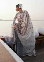 Hussain Rehar Unstitched Lawn Eid Edit-Yuki ivory embroidered 3 piece Pakistani lawn suit UK, front with dupatta closeup